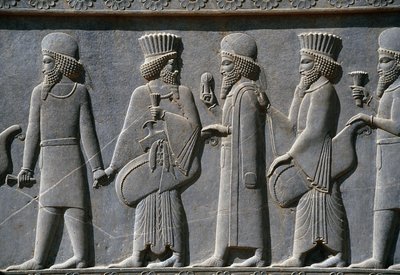 Detalle de un friso procesional en el lado este del Palacio Apadana, Persépolis, Irán, c.518-465 a.C. (piedra gris) de Achaemenid