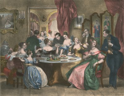 Le The, The Tea Party (litografía en color) de Achille (after) Deveria