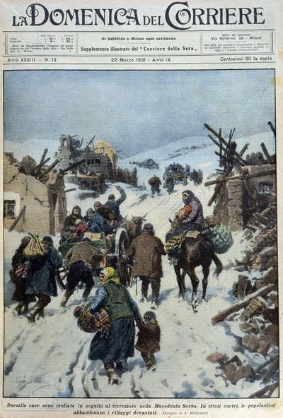 2000 casas colapsaron tras el terremoto en Macedonia Serbia: el triste éxodo de la población abandonando los pueblos devastados - dibujo de A. Beltrame en “La Domenica del Corriere” del 22/03/1931 de Achille Beltrame