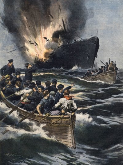 Un barco de vapor alemán explotó entre Sicilia y la costa tunecina. La tripulación tuvo tiempo de alejarse a bordo de botes. Ilustración de Beltrame. La Domenica del Corriere. 06/1909. de Achille Beltrame