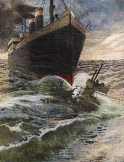 Un transatlántico alemán vuelca y rompe un submarino de la flota inglesa frente a la costa de Dover - Ilustración de Beltrame - “La Domenica del Corriere” octubre 1912 de Achille Beltrame