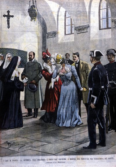 En Madrid, una joven, Mademoiselle Ubao, es arrancada de la vida religiosa en un convento donde se encontraba por sugerencia de los Jesuitas. Ilustración de Beltrame. La Domenica del corriere. 1901 de Achille Beltrame