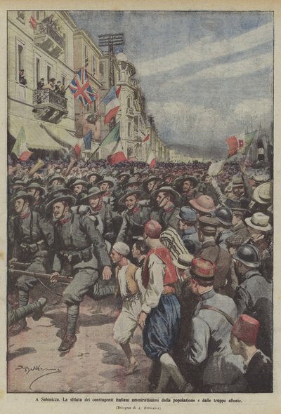 En Salónica, el desfile de los contingentes italianos admirados por la población y las tropas aliadas de Achille Beltrame