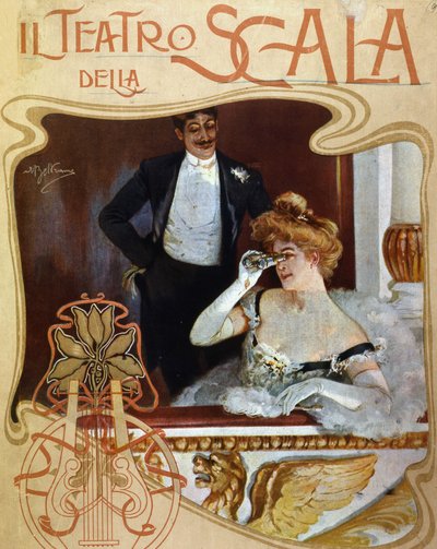 Una pareja en un camerino del Teatro alla Scala. La joven observa la escena con un par de binoculares. Ilustración de Achille Beltrame de Achille Beltrame