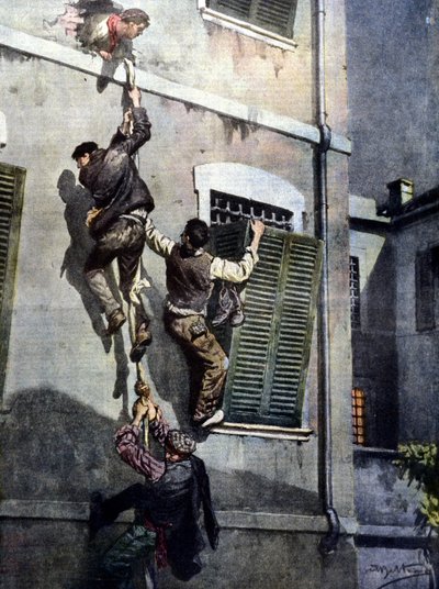 Una audaz fuga de cuatro reclusos de la prisión de Asti tras romper el muro. Dibujo de Beltrame. La Domenica del Corriere. 1902 de Achille Beltrame