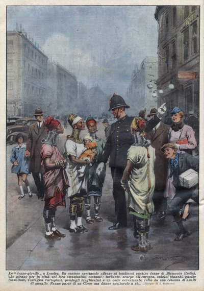 Un grupo de mujeres-jirafa de Birmania preguntan su camino a un policía inglés en Londres, están vestidas con turbante, túnica, anillos alrededor del cuello y las piernas. Ilustración de Achille Beltrame en “La domenica del Corriere” del 26/04/1937 de Achille Beltrame