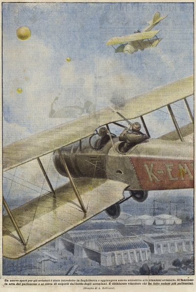 Un pistolero en un avión disparando globos sobre Inglaterra de Achille Beltrame