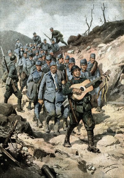 Un héroe feliz. Después de capturar a cuarenta austriacos y una guitarra en una cueva, el soldado Buoncompagni marchó al frente del grupo de prisioneros cantando. Ilustración de Beltrame. La Domenica del Corriere. 10/1917 de Achille Beltrame