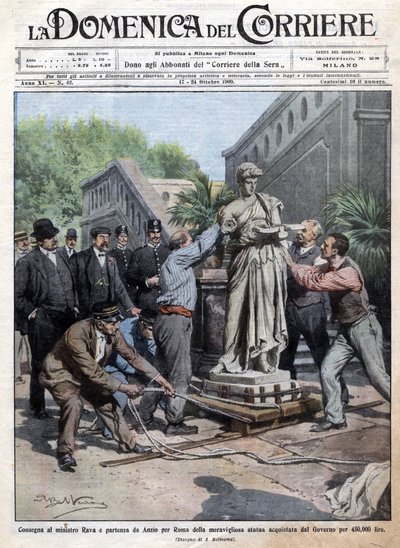Una estatua comprada por el gobierno por 450 mil liras es llevada a Roma y entregada al Ministro Rava. Ilustración de Beltrame. La Domenica del Corriere. 10/1909. de Achille Beltrame