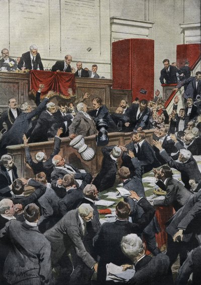 Una sesión tormentosa en la Cámara de Diputados italiana durante un debate presupuestario. El diputado Chiesa suspende la votación arrojando la urna. “La Domenica del Corriere” de Achille Beltrame