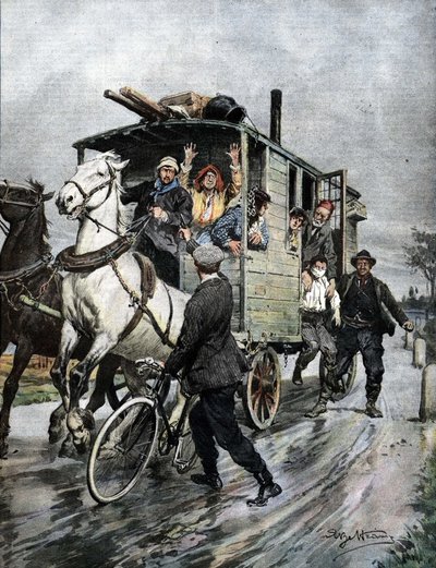 Un niño fue secuestrado por un grupo de gitanos cerca de Cernusco sul Naviglio en la región de Milán. Ilustración de Beltrame. La Domenica del Corriere. 09/1909 de Achille Beltrame