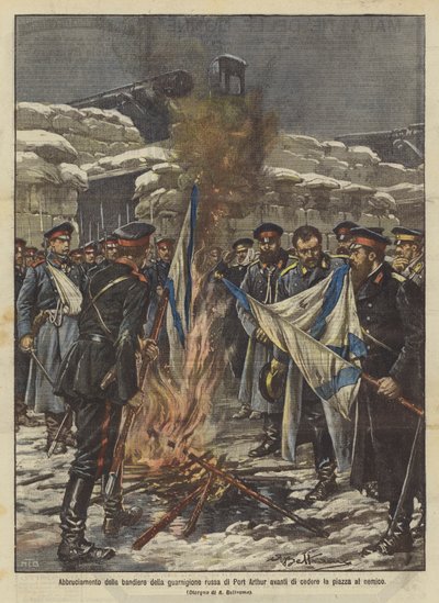 Quema de las banderas de la guarnición rusa de Port Arthur antes de ceder la plaza al enemigo de Achille Beltrame