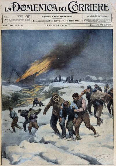 Después de la explosión del ballenero “Viking”, la trágica marcha de la tripulación en busca de rescate: este barco (al fondo en llamas) llevaba una expedición cinematográfica - dib. por A. Beltrame en “la Domenica del Corriere” del 29/03/1931 de Achille Beltrame