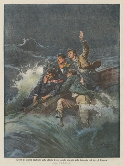 Agonía de cuatro náufragos en la quilla de un barco golpeado por la tormenta, en el lago de Ginebra de Achille Beltrame