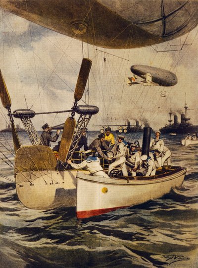 Dirigibles reabasteciendo acorazados durante su viaje, por Achille Beltrame, ilustración, de La Domenica del Corriere, 5 de mayo de 1910 de Achille Beltrame