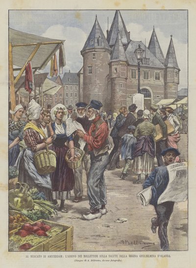 En el mercado de Ámsterdam, la llegada de los boletines sobre la salud de la reina Guillermina de Holanda de Achille Beltrame