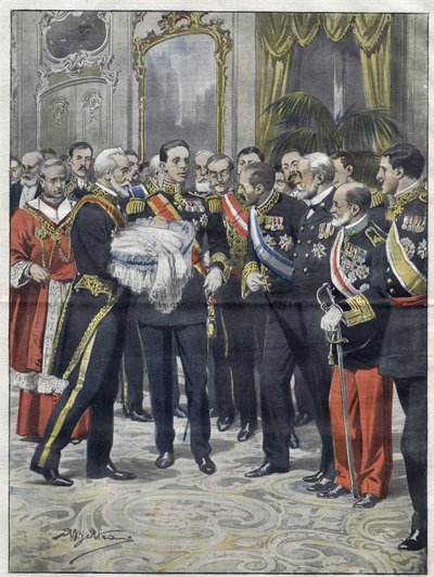 Alfonso XIII (1886-1941), Rey de España en la ceremonia de presentación de su hijo Alfonso (1907-1938), Conde de Covadonga, Príncipe de Asturias. Dibujo de Achille Beltrame. de 1907 de Achille Beltrame