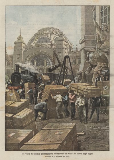 En la víspera de la apertura de la Exposición Internacional de Milán, la descarga de los objetos de Achille Beltrame