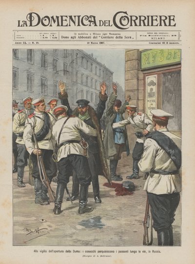 En la víspera de la apertura de la Duma, los cosacos registran a los transeúntes en las calles de Rusia de Achille Beltrame