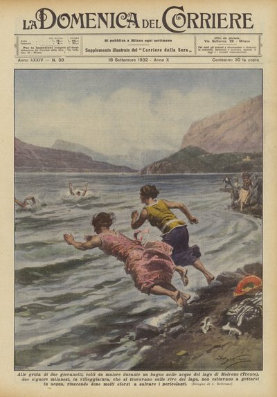 A los gritos de dos jóvenes, afectados por un malestar durante un baño en las aguas del lago de Molveno... de Achille Beltrame