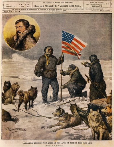 Explorador americano Cook plantando la bandera de EE.UU. en el Polo Norte, ilustración de Achille Beltrame (1871-1945), de La Domenica del Corriere, 12 de septiembre de Achille Beltrame