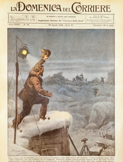 Explorador estadounidense, Richard E Byrd, acompañado por compañeros en la Antártida después de estar solo durante cinco meses, por Achille Beltrame, ilustración, Ilustrador Achille Beltrame (1871-1945), de La Domenica del Corriere, 26 de agosto de 1934 de Achille Beltrame