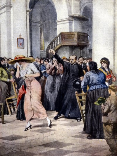 Un ejemplo de moralismo religioso: una joven es expulsada de la iglesia por un sacerdote y los fieles que se escandalizan por su ropa ligera. Ilustración de A. Beltrame. "La Domenica del Corriere" de Achille Beltrame