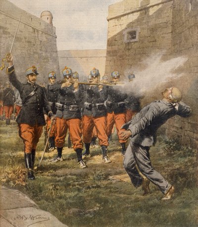 Muerte del anarquista Francesco Ferrer por fusilamiento en la cárcel de Barcelona, por Achille Beltrame, ilustración, Ilustrador Achille Beltrame (1871-1945), de La Domenica del Corriere, octubre de 1909 de Achille Beltrame