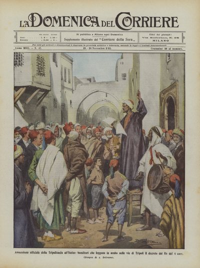 Anexión oficial de Tripolitania a Italia, pregoneros que leen en árabe en las calles de Achille Beltrame