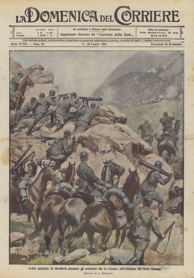 Patrullas audaces de caballería presionan a los austriacos que se retiran del Altopiano de los Siete Municipios de Achille Beltrame