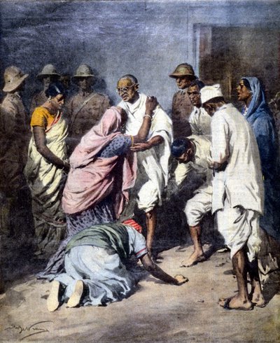 Arresto de Mahatma Gandhi (1869 - 1948). Ilustración de Achille Beltrame. La Domenica del Corriere. 1932 de Achille Beltrame
