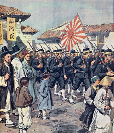 Llegada de tropas japonesas a Corea, ilustración de Achille Beltrame, de La Domenica del Corriere, 21 de febrero de Achille Beltrame