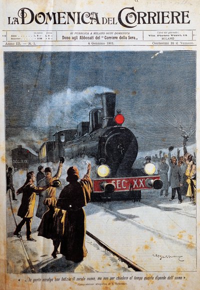 Llegada del nuevo siglo, gente dando la bienvenida al nuevo siglo con alegría, ilustración de Achille Beltrame (1871-1945), de La Domenica del Corriere, 6 de enero de Achille Beltrame