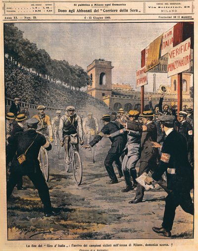 Llegada del ganador Luigi Ganna a la Arena en Milán, final del Giro de Italia, ilustración de Achille Beltrame de La Domenica del Corriere, 6 de junio de Achille Beltrame