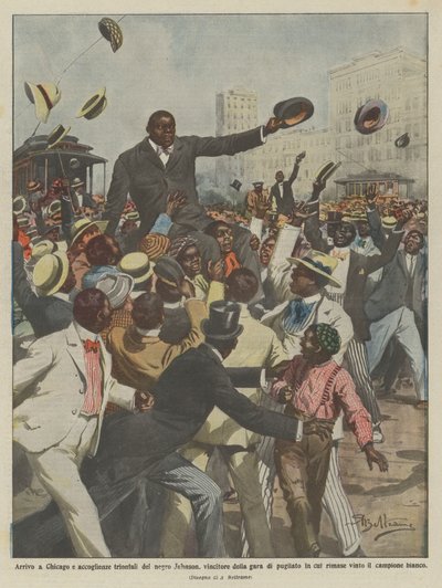 Llegada a Chicago y recibimiento triunfal del negro Johnson, ganador de la pelea de boxeo de Achille Beltrame