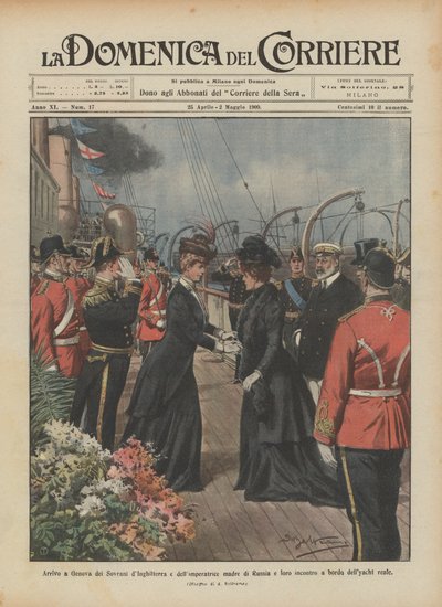 Llegada a Génova de los Soberanos de Inglaterra y la emperatriz madre de Rusia y su encuentro de Achille Beltrame