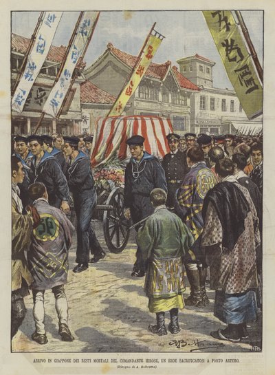 Llegada a Japón de los restos mortales del comandante Hirose, un héroe sacrificado en Puerto Arturo de Achille Beltrame