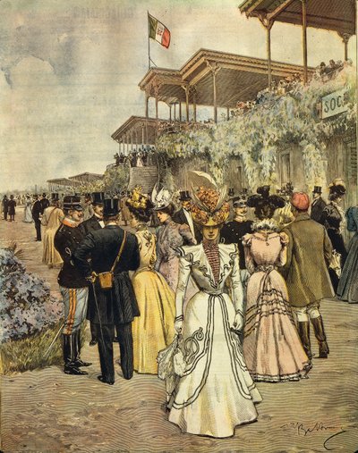 En las carreras de caballos en San Siro (Milán), por Achille Beltrame (1871-1945), de La Domenica del Corriere, 4 de junio de 1899 de Achille Beltrame