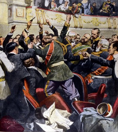 Atentado contra el ministro ruso Stolypin en el teatro municipal de Kiev (Ilustración de Beltrame) de Achille Beltrame