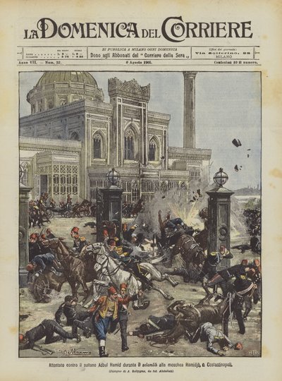 Atentado contra el sultán Abdul Hamid durante el selamlik en la mezquita Hamidie, en Constantinopla de Achille Beltrame