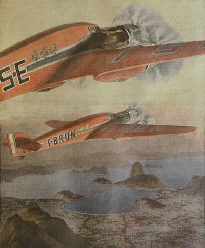 Vuelo transatlántico Italia-Brasil de Attilio Biseo y Bruno Mussolini, ilustración de Achille Beltrame, de La Domenica del Corriere, 6 de febrero de 1938 de Achille Beltrame