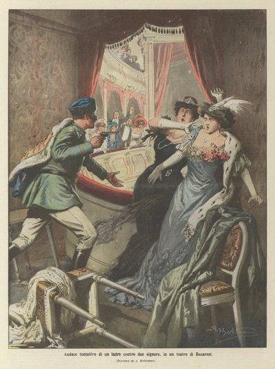 Audaz intento de un ladrón contra dos señoras, en un teatro de Bucarest de Achille Beltrame