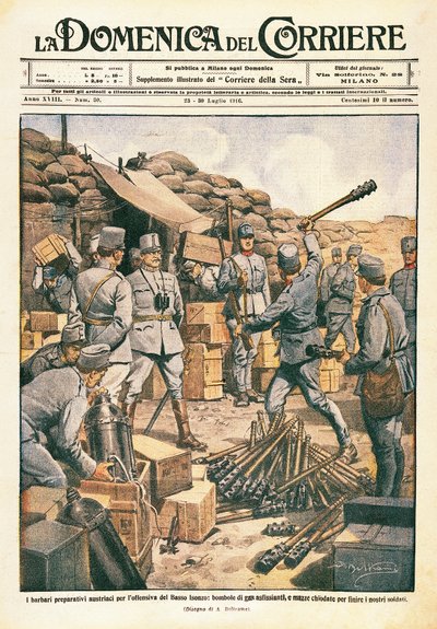 Bárbaros austriacos preparándose para la ofensiva en el Bajo Isonzo, ilustración de La Domenica del Corriere, 23 de julio de Achille Beltrame
