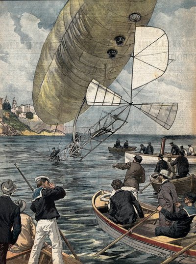 BELTRAME, Aquiles (1871-1945); SANTOS DUMONT, Alberto (1873-1932). Pionero de la aviación brasileña. El dirigible de Alberto Santos Dumont cae al mar frente al Casino de Monte Carlo. Imagen de Achille Beltrame para 