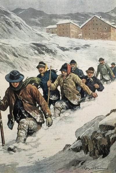 Trabajadores italianos cruzando el Paso de San Bernardo entre Aosta y Suiza. Portada de “La Domenica del Corriere”. 14/02/1904. de Achille Beltrame