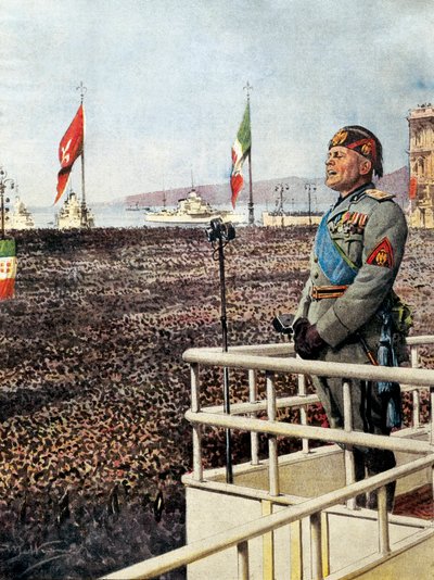 Benito Mussolini. Político fascista italiano, duce de Italia (1925-1943). El Duce habla al pueblo de Trieste y al mundo (septiembre 1938). Ilustración de Achille Beltrame para “Domenica del Corriere” de Achille Beltrame