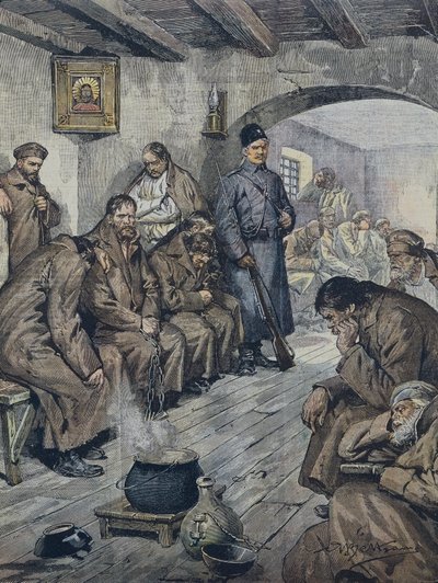 BELTRAME, Achille (1871-1945). Prisioneros rusos en huelga de hambre por la libertad de sus compañeros tuberculosos. Ilustración de A. Beltrame, La Domenica del Corriere, 19 de junio de Achille Beltrame