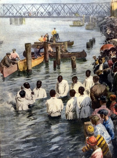 Ceremonia de bautismo en el río Cedar en Iowa (EE.UU.) de miembros negros de la secta Iglesia de Dios. Ilustración de A. Beltrame. La Domenica del Corriere de Achille Beltrame