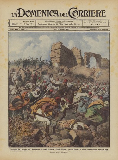 Batalla del 2 de mayo por la ocupación de Lebda, la antigua Leptis Magna cerca de Homs de Achille Beltrame