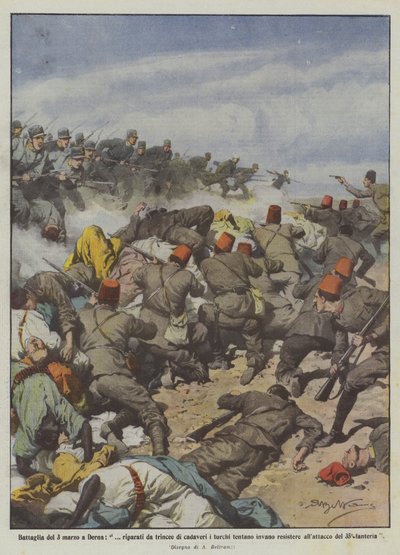 Batalla del 3 de marzo en Derna, protegidos por trincheras de cadáveres los turcos intentan en vano resistir de Achille Beltrame